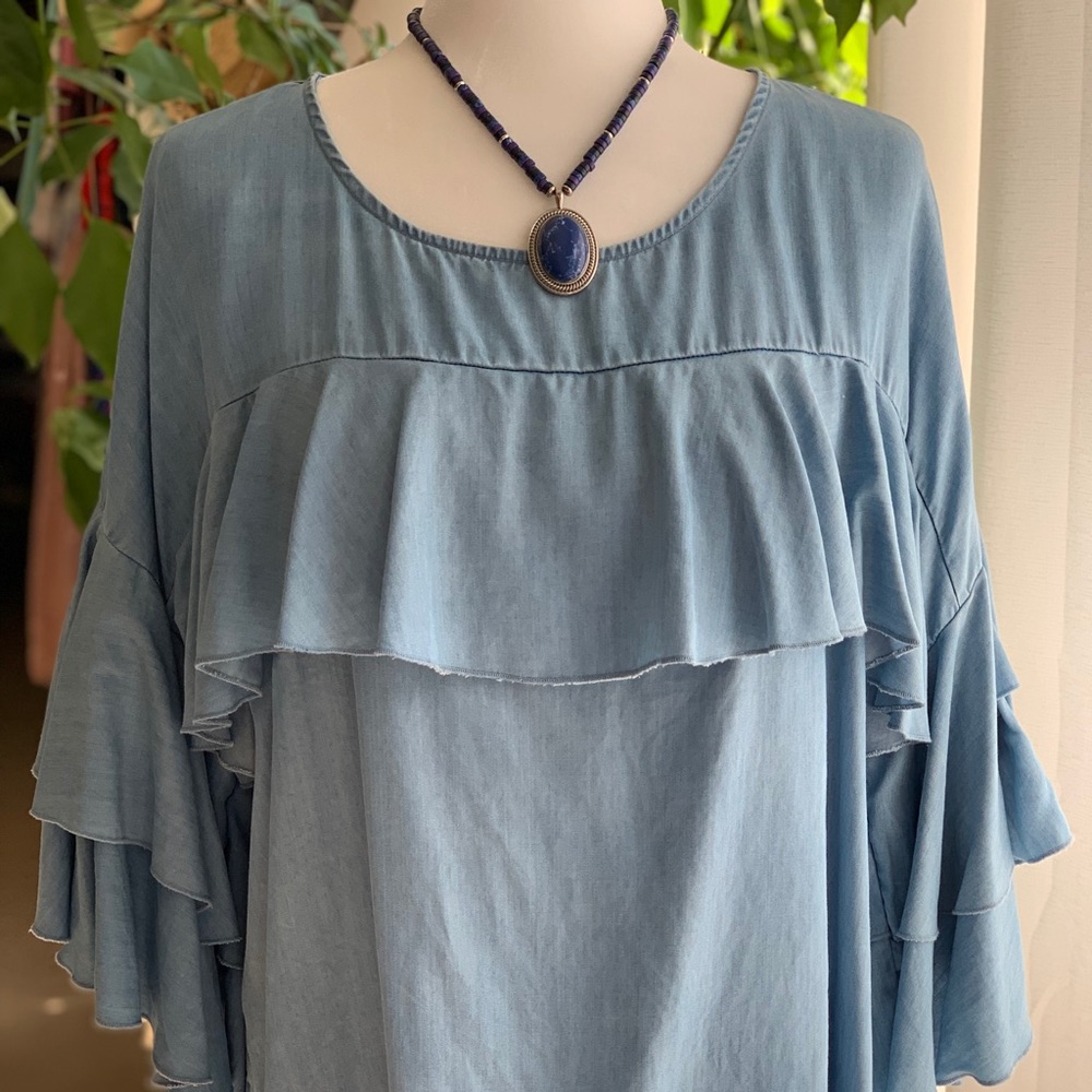 LC Lauren Conrad Denim Chambray Ruffle Top Size L